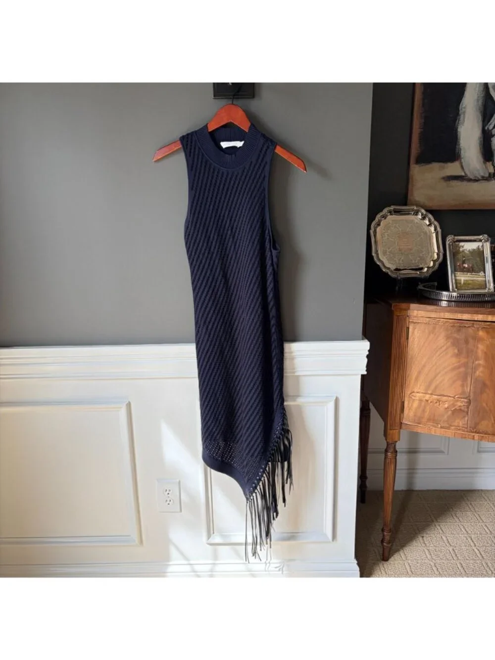 Jonathan Simkhai Chelle Fringe Pointelle Knit Dress Blue Black Sz Medium PERFECT - Picture 6 of 8